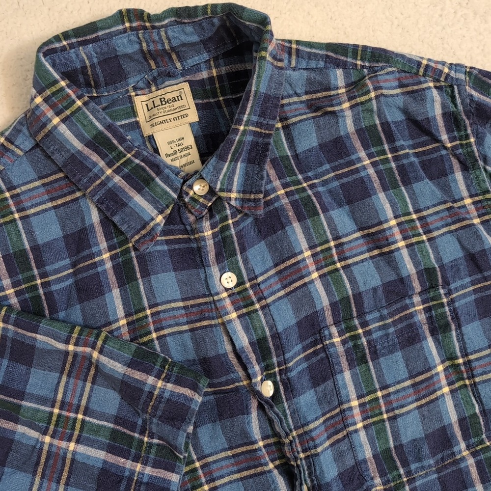 L.L. Bean Linen Shirt Blue Tartan Plaid Slightly Fitted Men's L Button Up